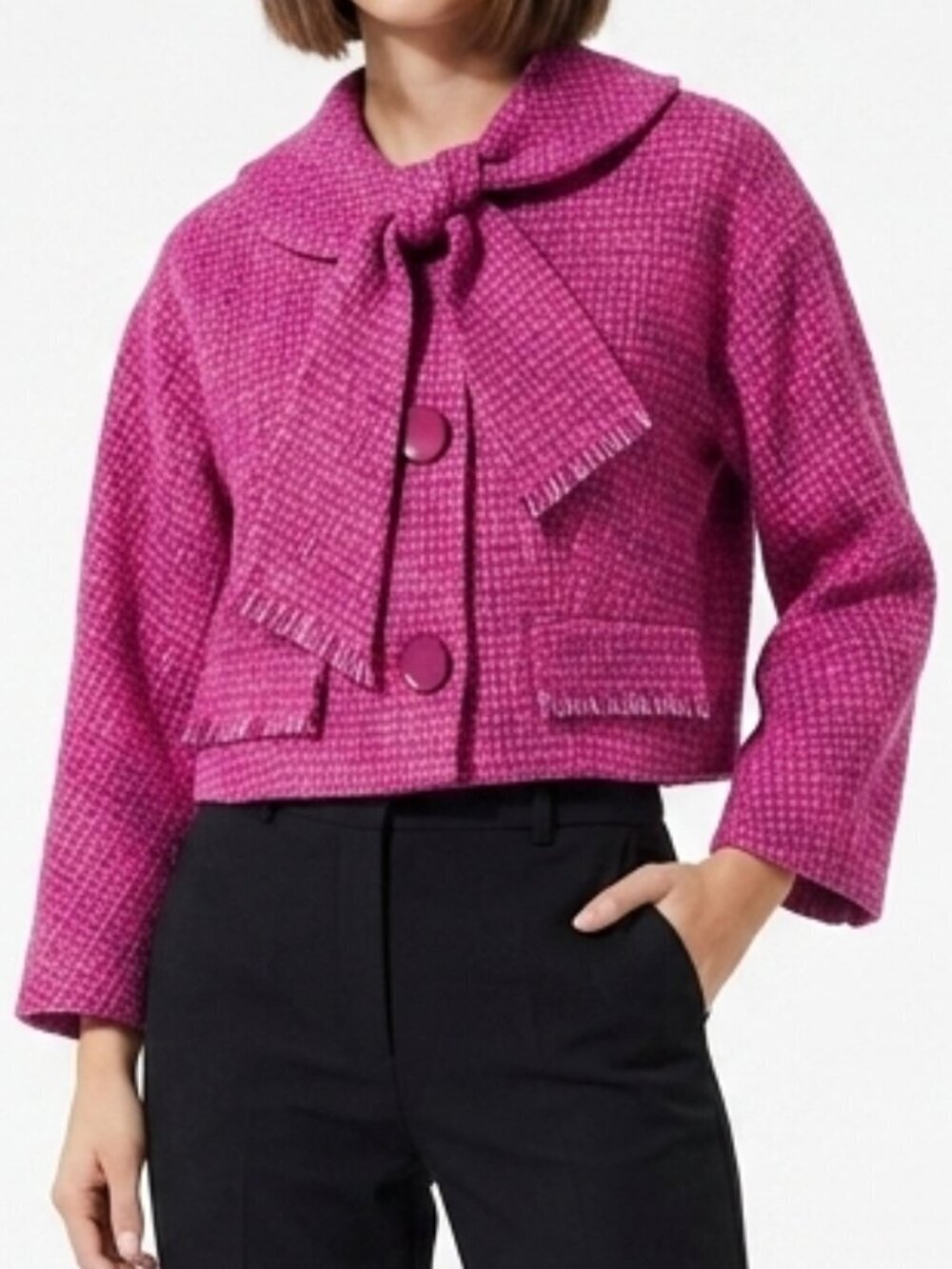 Vintage 60s Pink Tweed Cropped Button Tie Blazer XS/Small